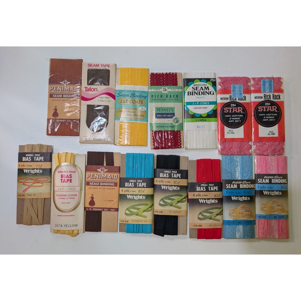 Vintage Sewing Notions Lot Wrights J&P Coats Seam Binding Bias Tape Rick Rack